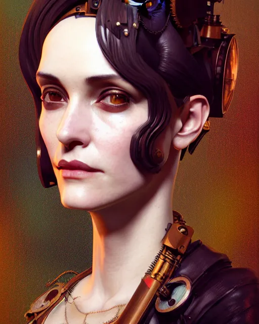 Image similar to steampunk portrait of winona ryder, au naturel, hyper detailed, digital art, trending in artstation, cinematic lighting, studio quality, smooth render, unreal engine 5 rendered, octane rendered, art style by klimt and nixeu and ian sprigger and wlop and krenz cushart.