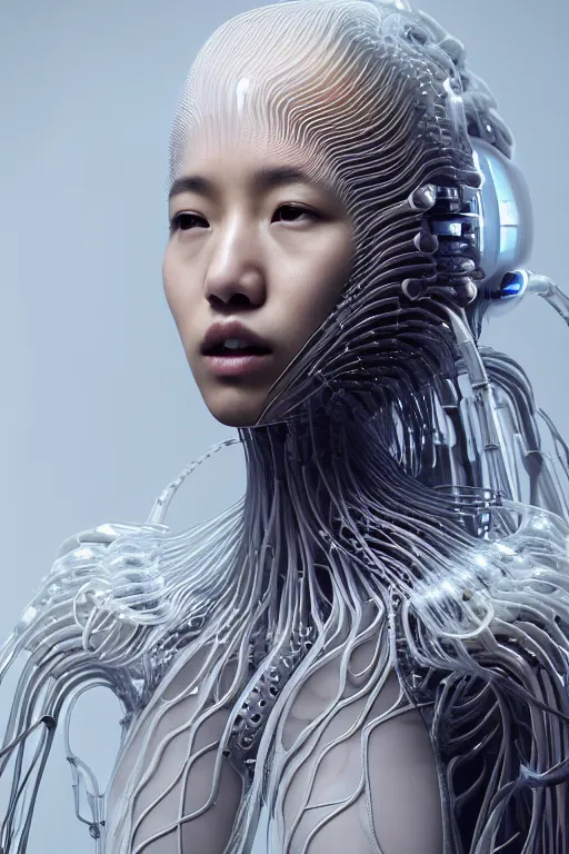 Image similar to young asian woman, iris van herpen, beautiful face, perfect symmetrical body, full body shot, inflateble shapes, wires, tubes, veins, jellyfish, white biomechanical details, wearing epic bionic cyborg implants, masterpiece, intricate, biopunk, vogue, highly detailed, artstation, concept art, cyberpunk, octane render