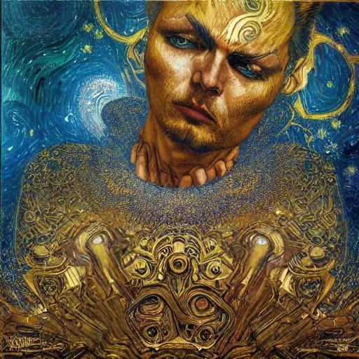 Prompt: Divine Chaos Engine by Karol Bak, Jean Deville, Gustav Klimt, and Vincent Van Gogh, celestial, visionary, sacred fractal structures, ornate gilded medieval icon, spirals