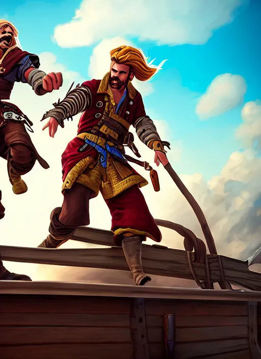 Image similar to an epic fantasy comic book style portrait painting of two bumbling idiot sky - pirates on the deck of a skyship looking at a chest, unreal 5, daz, hyperrealistic, octane render, cosplay, rpg portrait, dynamic lighting, very detailed faces