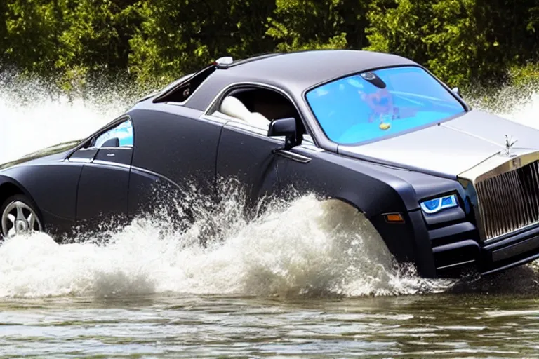 Image similar to Teenagers push Rolls-Royce into lake with their hands from a small slide wanting to drown him