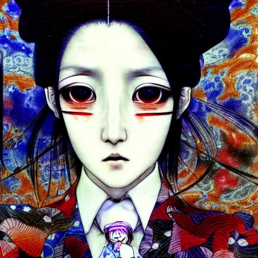 Prompt: yoshitaka amano blurred and dreamy realistic portrait of a woman with white hair and black eyes wearing dress suit with tie, junji ito abstract patterns in the background, satoshi kon anime, noisy film grain effect, highly detailed, renaissance oil painting, weird portrait angle, blurred lost edges, three quarter view