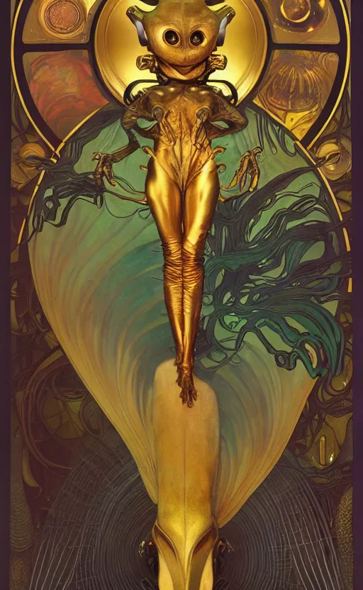 Image similar to exquisite imaginative alien creature poster art, gold, movie art, by lucusfilm, weta studio, alphonso mucha, james jean, frank frazetta, 8 k, denoised