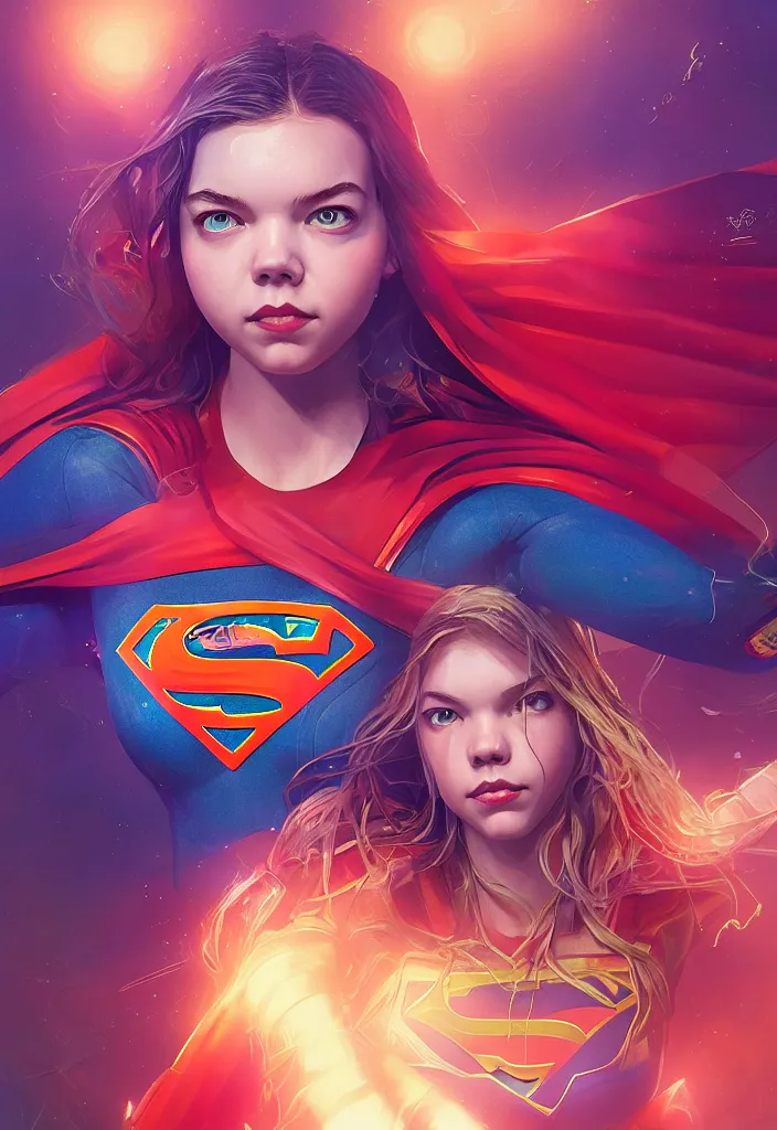 Prompt: cute gourgeous beautiful anya taylor joy as supergirl. intricate abstract. intricate artwork. by tooth wu, wlop, beeple, dan mumford. octane render, trending on artstation, greg rutkowski very coherent symmetrical artwork. cinematic, hyper realism, high detail, octane render, 8 k, iridescent accents