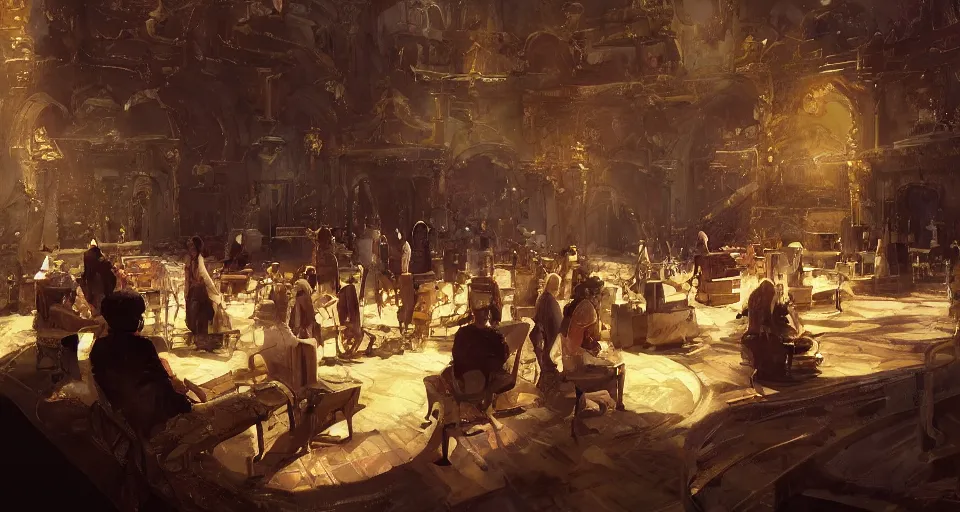 Image similar to craig mullins and ghibli digital art of inside the theater, on the stage, masked female violinists, exotic costumes, gold jewelry, black hair, solo performance hyper realism, realistic shading, cinematic composition, realistic render, octane render, detailed textures, photorealistic, wide shot