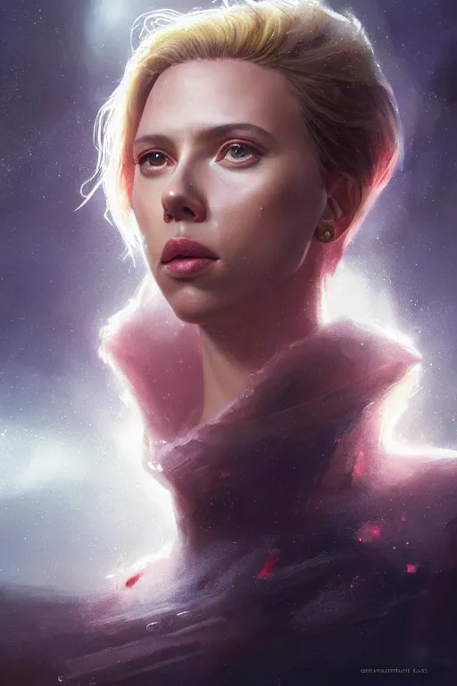 Image similar to a fancy portrait of an alien Scarlett Johansson by Greg Rutkowski, Sung Choi, Mitchell Mohrhauser, Maciej Kuciara, Johnson Ting, Maxim Verehin, Peter Konig, final fantasy , mythical, 8k photorealistic, cinematic lighting, HD, high details, atmospheric,