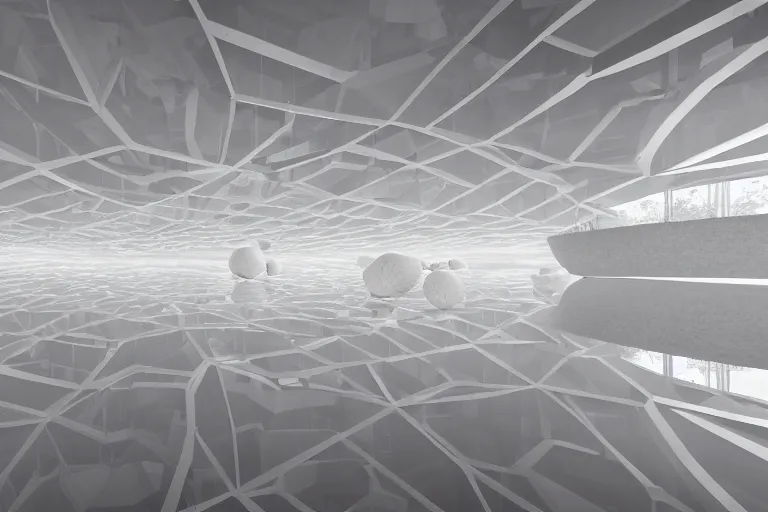 Image similar to a building interior formed by the intersection and fusion of many multi white spherical egg shaped spaces, on the calm lake surface, people's perspective award winning, highly detailed 4 k art, dusk, unreal engine highly rendered, global illumination, radial light, internal environment by kazuyo sejima