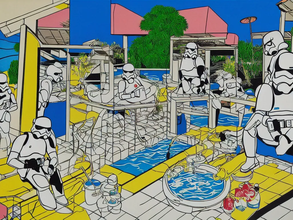 Image similar to hyperrealism composition of the japanese house with a hot springs in the garden, two detailed stormtroopers bathe in a hot spring, pop - art style, jacky tsai style, andy warhol style, roy lichtenstein style, acrylic on canvas