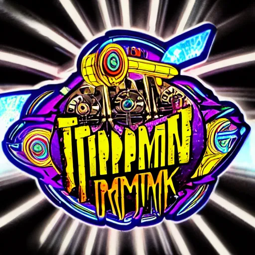 Image similar to sticker of a rock band, name is tripmachine, on the sticker is a 3 d render of a huge futuristic steampunk generator with gears and trippy tubes, 8 k, fluorescent colors, halluzinogenic, multicolored, exaggerated detailed, silk screen art