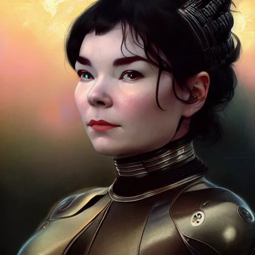 Image similar to portrait of bjork as android, 8 k highly detailed, sharp focus, illustration, art by artgerm, mucha, bouguereau