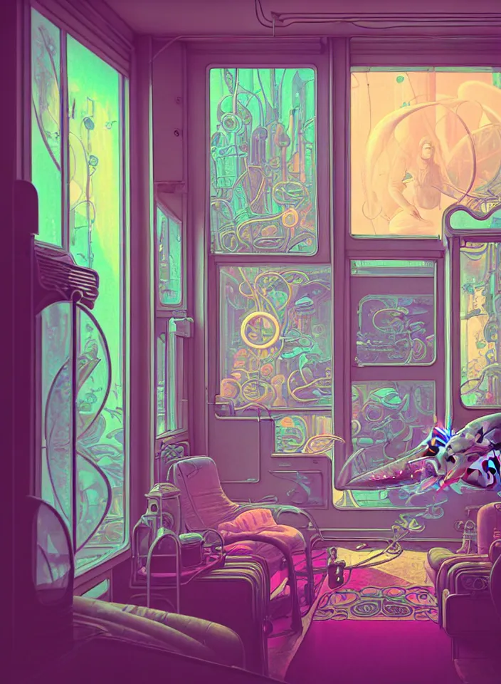 Image similar to telephoto 7 0 mm f / 2. 8 iso 2 0 0 photograph depicting the feeling of chrysalism in a cosy safe cluttered french sci - fi ( art ( nouveau ) ) cyberpunk apartment in a pastel dreamstate art cinema style. ( living room ) ( ( fish tank ) ), ambient light.