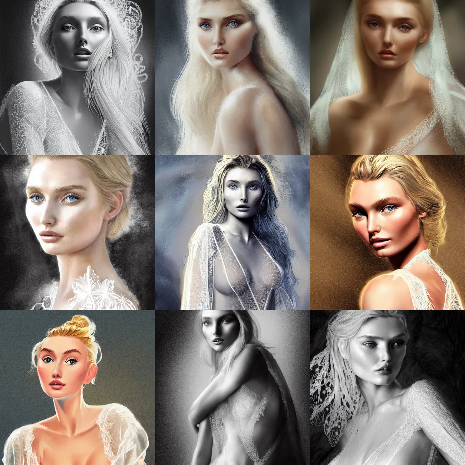 Prompt: Portrait Elsa Hosk wearing a wet white lace nightgown, intricate, smooth, close-up, artstation, digital illustration by Frank Frazetta