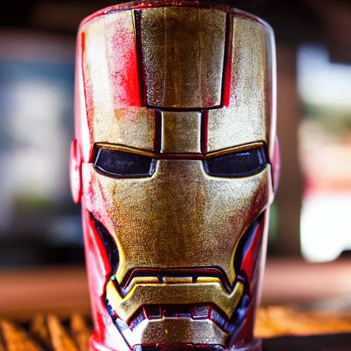 Prompt: a closeup photorealistic photograph of an iron man style tiki mug at a trader vic's beach bar featuring the face of iron man. tiki party. bright scene. fine detail. this 4 k hd image is trending on artstation, featured on behance, well - rendered, extra crisp, features intricate detail, epic composition and the style of unreal engine.