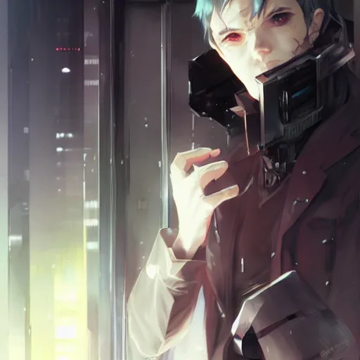 Image similar to lorne malvo is a cyborg, cyberpunk, biopunk, augmented, drawn by krenz cushart