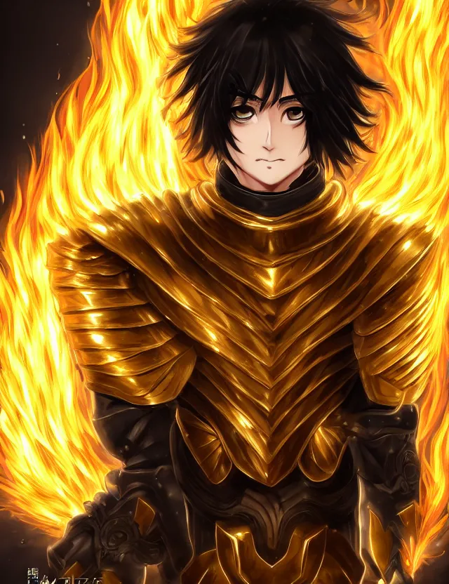 Image similar to a detailed manga portrait of a black haired man with hazel eyes in gleaming golden armour that burns with golden fire, trending on artstation, digital art, 4 k resolution, detailed, high quality, sharp focus, hq artwork, coherent, insane detail, character portrait