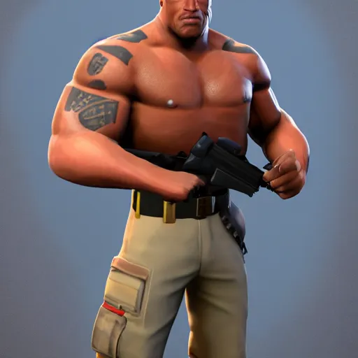 Image similar to gameplay footage of Dwayne ther rock johnson in Team Fortress 2, 3d Render, source engine