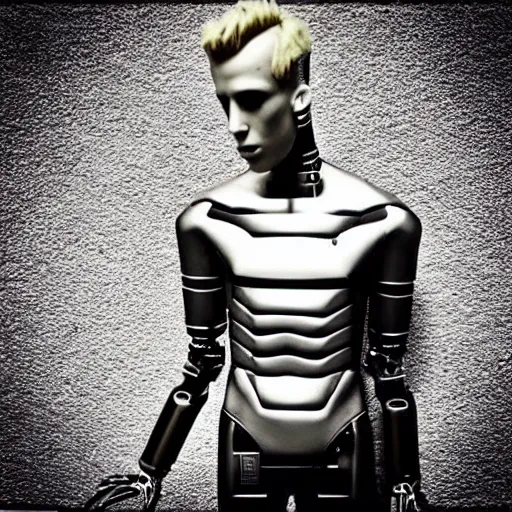 Image similar to “a realistic detailed photo of a guy who is an attractive humanoid who is half robot and half humanoid, who is a male android, rapper Machine Gun Kelly, shiny skin, posing like a statue, blank stare”