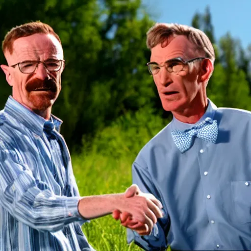 Prompt: walter white and bill nye the science guy shakeing hands in a field, photorealistic