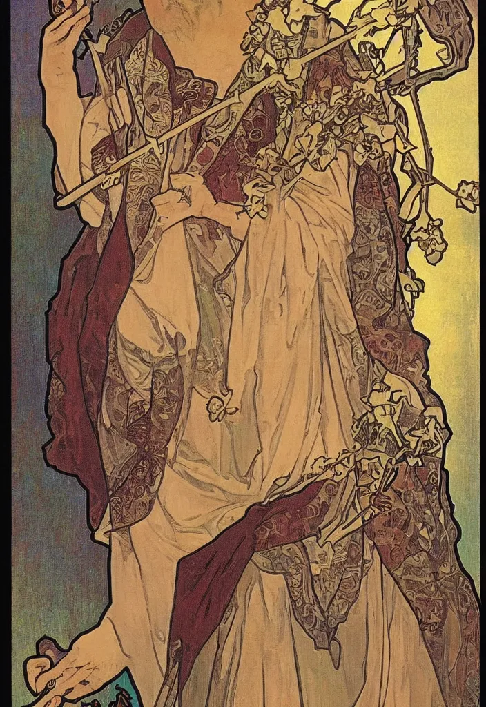 Image similar to realistic geoffrey hinton in a crown on a tarot card, tarot in art style by alphonse mucha