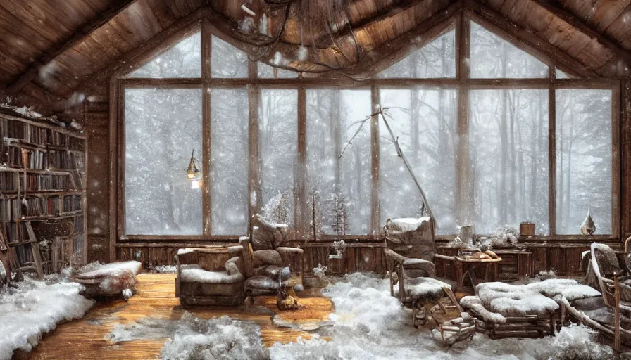 Prompt: A highly detailed matte painting of interior of old cabin in snowy forest, fireplace, bookshelves, old couch, snowing outside windows, by Studio Ghibli, Makoto Shinkai, by Artgerm, by WLOP, by Greg Rutkowski, volumetric lighting, octane render, 4K resolution, trending on artstation, masterpiece