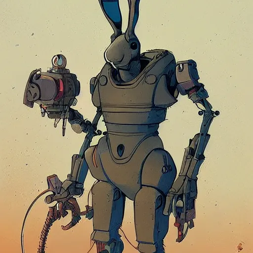 Image similar to rabbit robot, digital art in the style of jakub rebelka artstation