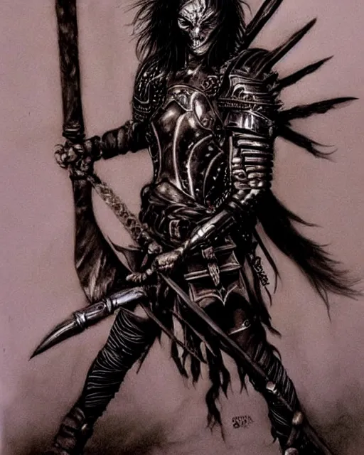 Prompt: portrait of a skinny punk goth warrior wearing armor by simon bisley, fantasy, barbarian, hardcore
