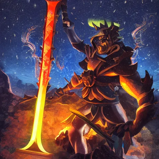 Prompt: « Epic Illustration of a hero holding a giant sword and fighting a giant magical Golem, in the night with beautiful lights »