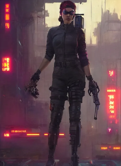 Prompt: Rosie the Riveter. Cyberpunk assassin in tactical gear. blade runner 2049 concept painting. Epic painting by Craig Mullins and Alphonso Mucha. ArtstationHQ. painting with Vivid color. (rb6s, Cyberpunk 2077, matrix)