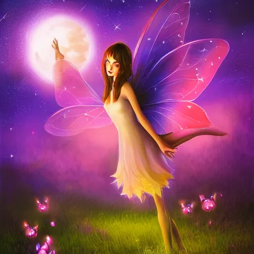 Image similar to attractive, fairy, in the night, fantasy, crescent moon in background, luminous, toadstools, fireflies, fantasy, highly detailed painting, mid shot, 8 k realistic, fantasy, mist, sharp focus