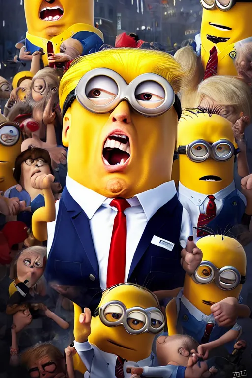 Image similar to trump as a minion, blond hair, riot background oil on canvas, intricate, portrait, 8 k highly professionally detailed, hdr, cgsociety