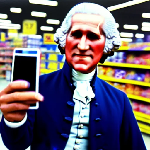 Image similar to professional color photo of george washington taking a selfie in walmart, 4 k