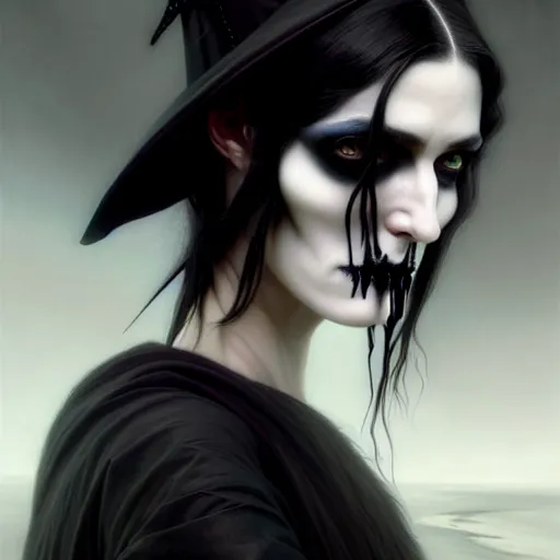 Image similar to portrait painting of an androgynous goth witch with shoulder length flowing black hair pale skin and beautiful dark brown eyes, ultra realistic, concept art, intricate details, eerie, highly detailed, photorealistic, octane render, 8 k, unreal engine. art by artgerm and greg rutkowski and magali villeneuve