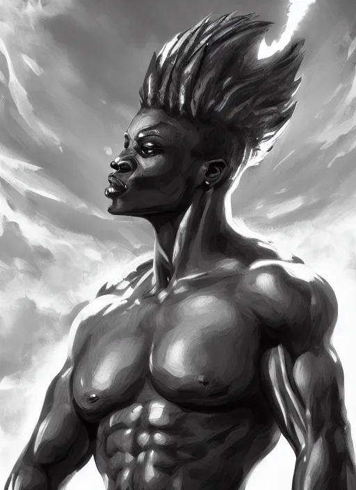 Image similar to a highly detailed illustration of short fade hair african god of lightning, evil summoning lightning from hands pose, moonlit clouds background, muscular, intricate, elegant, highly detailed, centered, digital painting, artstation, concept art, smooth, sharp focus, league of legends concept art, WLOP