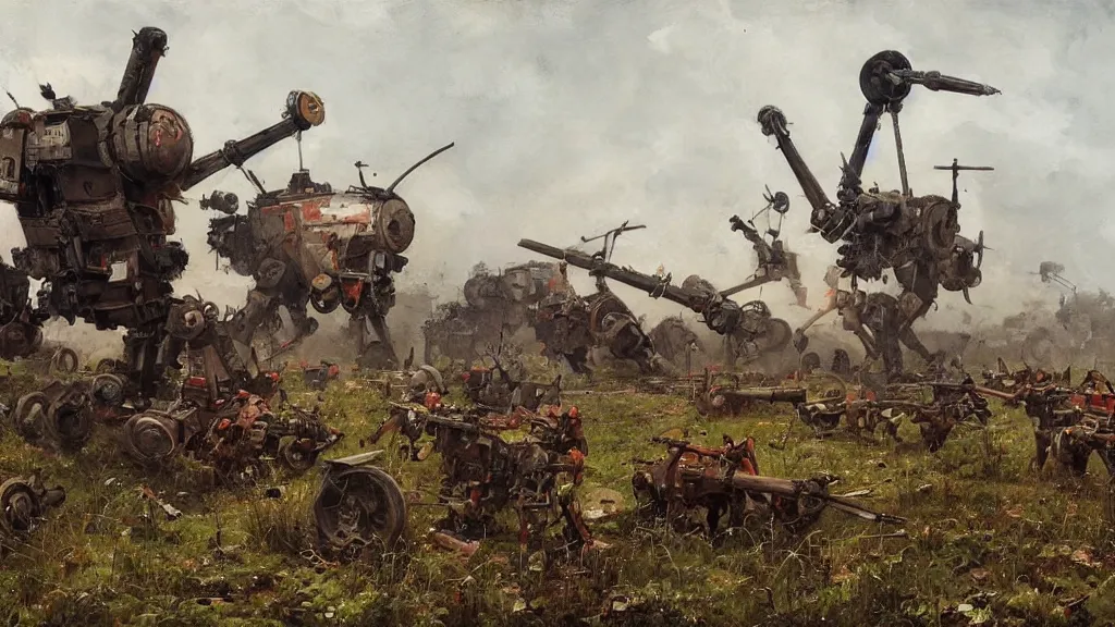 Image similar to 1920's battle in a farming village between bipedal mechs, painted by Jakub Rozalski