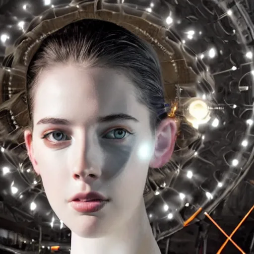 Image similar to beautiful centered Fine art photo portrait of enraptured Sarah Mcdaniel as a solarpunk robotic humanoid, white mechanical parts with led lights, photorealistic, white background, highly detailed and intricate, sunset lighting, HDR 8k