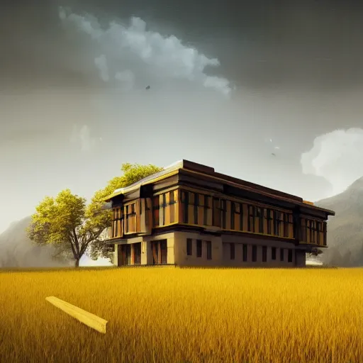 Image similar to rectangular house inspired by a tibetan palace, open field, big trees, yellow clouds, dramatic lighting, artstation, matte painting, raphael lacoste, simon stalenhag, frank lloyd wright