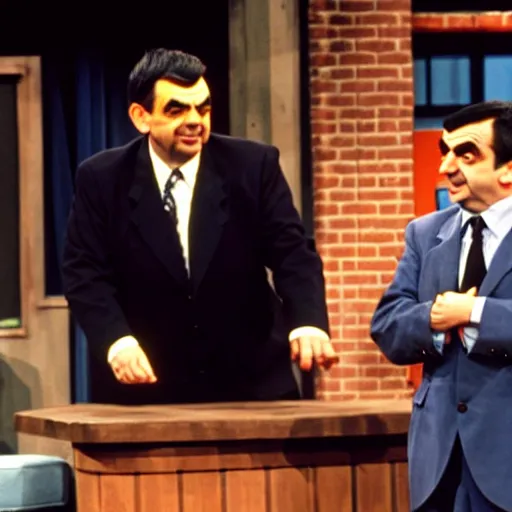 Prompt: mr. bean on the jerry springer show fighting with another guest.