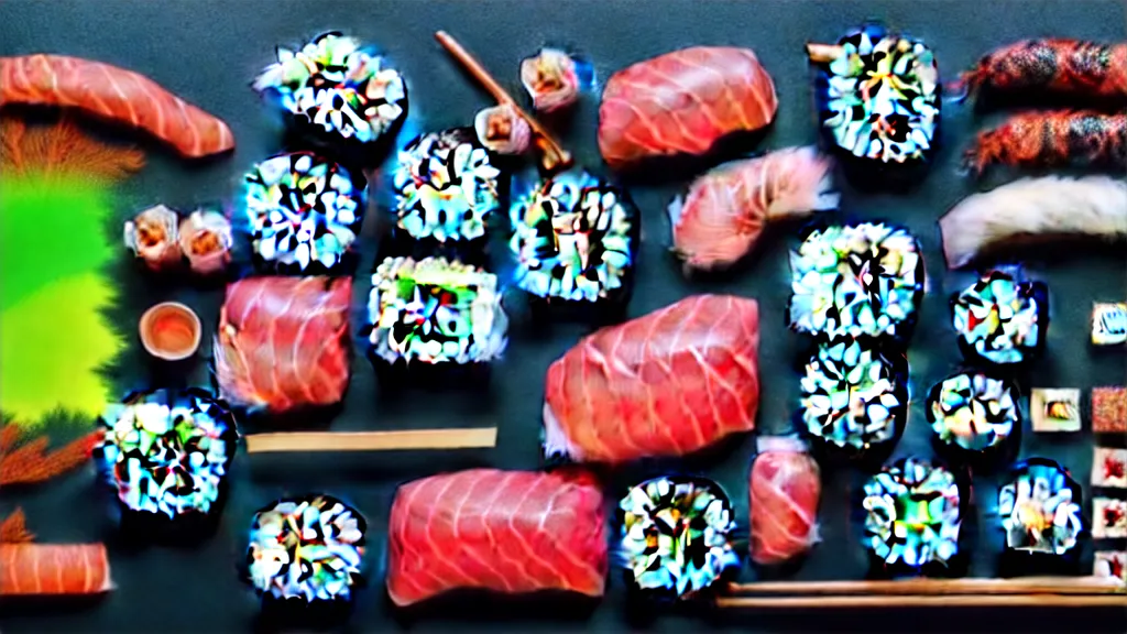 Image similar to a selection of single sushi platters, several items in an array, japan, a collage painting, in the style of wes anderson, lola dupre, david hockney, isolated on negative white space background dark monochrome neon spraypaint accents volumetric octane render