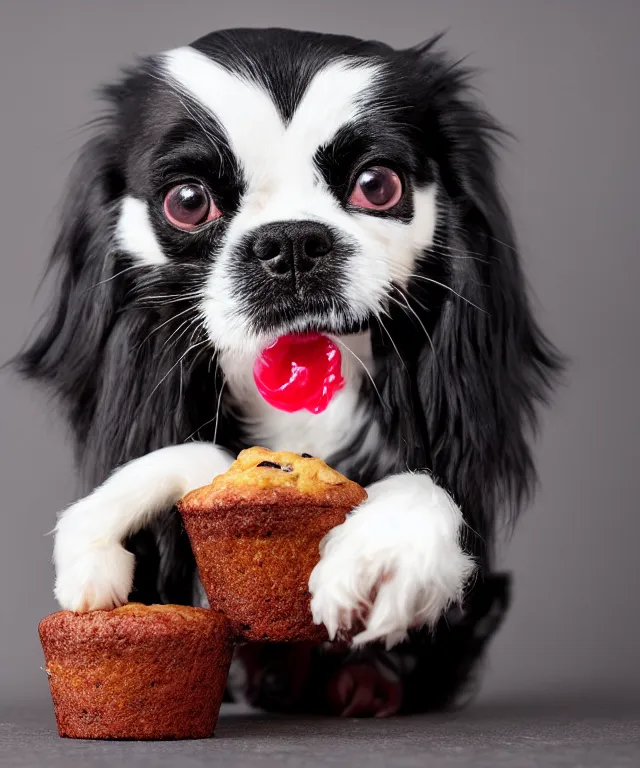 Prompt: black and white japanese chin dog eating cherry muffins