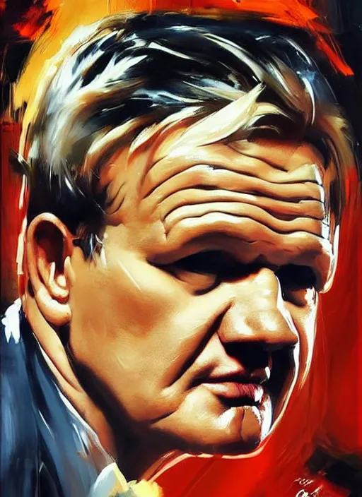 Image similar to big lip gordon ramsay,'huge lips '!!!!!, painting by phil hale, fransico goya,'action lines '!!!, graphic style, visible brushstrokes, motion blur, blurry, visible paint texture, crisp hd image