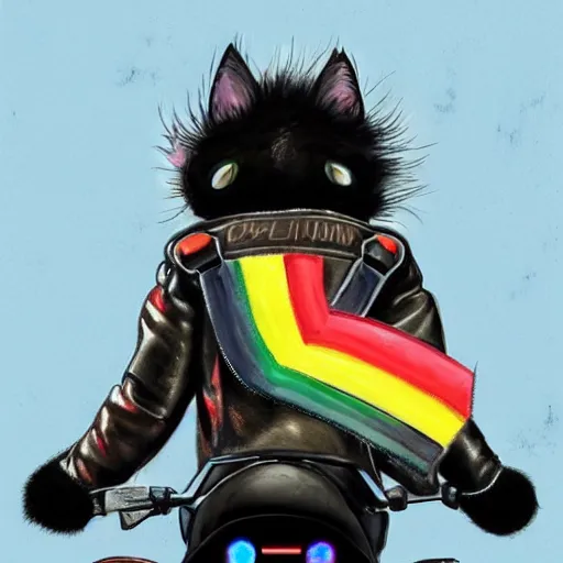 Image similar to wide angle full body, jacket wearing fluffy cute rainbow kitten wearing a black leather motorcycle jacket, riding on a motorcycle, cinematic concept art