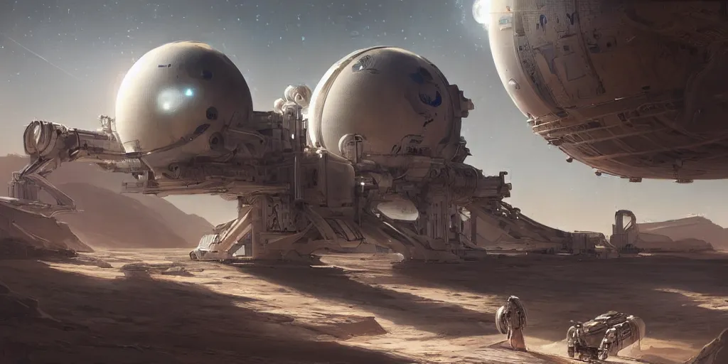 Image similar to white high tech giant space station on desert planet digital art by greg rutkowski. highly detailed 8 k. intricate. lifelike. soft light. nikon d 8 5 0.