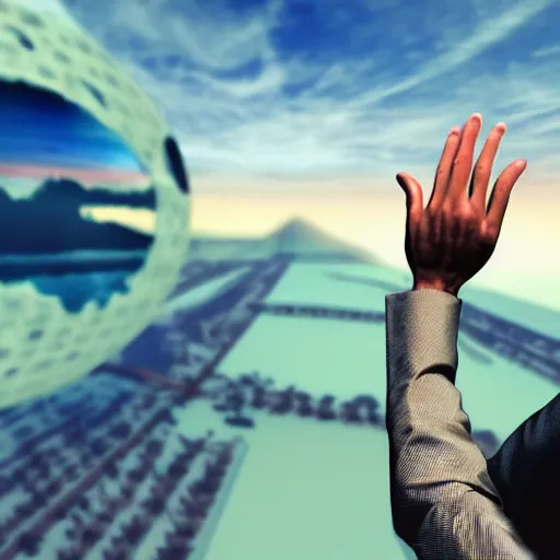 Image similar to detailed futuristic world, man waving goodbye to his friends