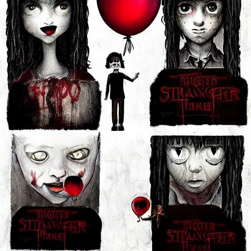 Prompt: grunge painting of stranger things with a wide smile and a red balloon by chris leib, loony toons style, pennywise style, corpse bride style, horror theme, detailed, elegant, intricate