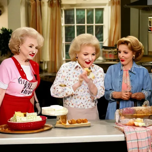 Image similar to betty white in golden girs ( tv ) eating cheesecake in the kitchen with her friends.