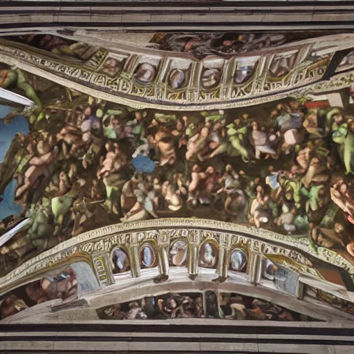 Prompt: pepe the frog in the sistine chapel fresco