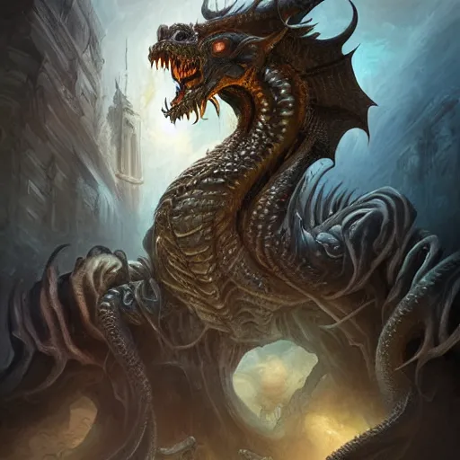 Image similar to eldritch abomination, oil painting, cinematic, intricate complexity, rule of thirds, in the style of Adam Paquette, Svetlin Velinov, Daarken, Artgerm, Keith Thompson, and Eric Deschamps, face by Artgerm and WLOP, magic the gathering art, dragon character concept