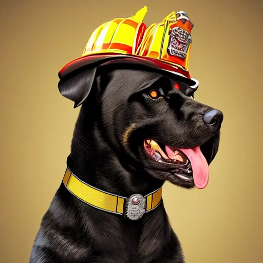 Image similar to Rottweiler Firefighter, artstation, award winning masterpiece, very detailed,