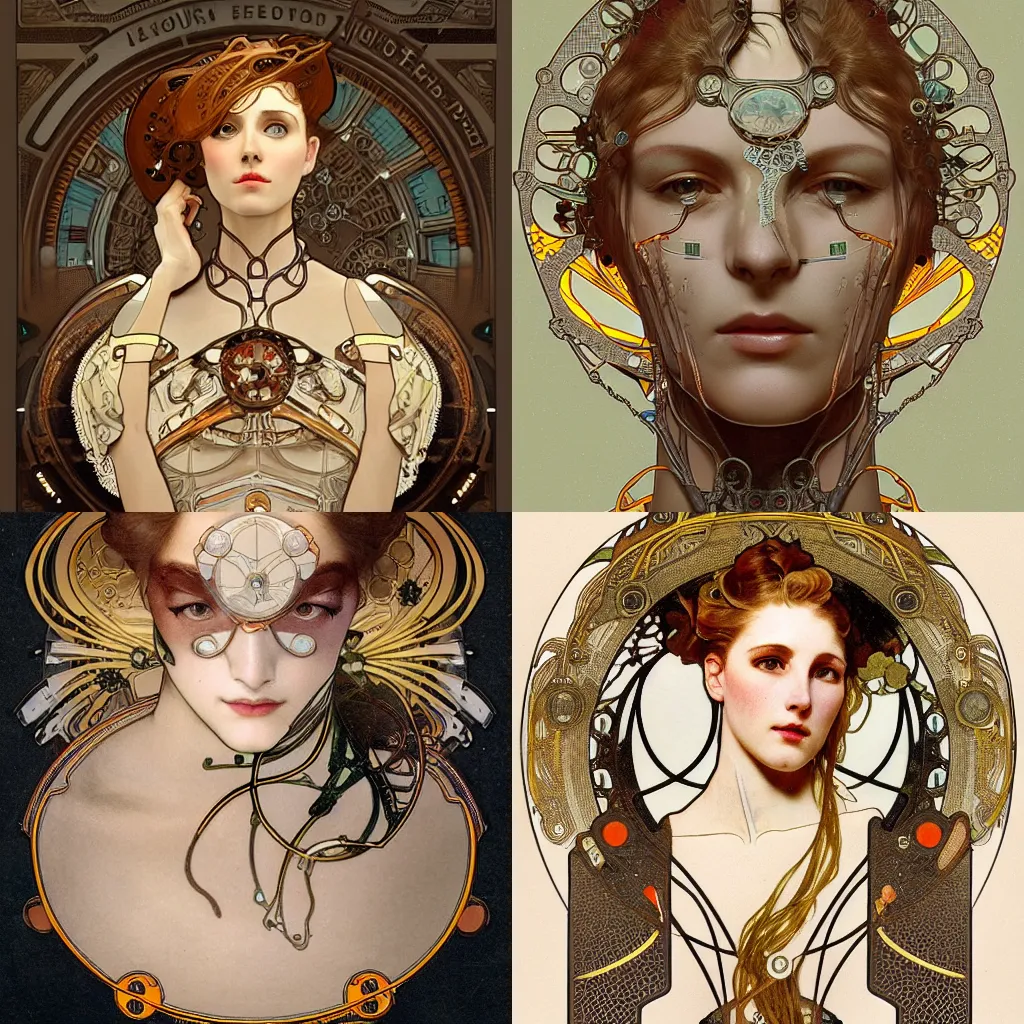 Prompt: A close-up portrait of a beautiful female android wearing an intricate cracked porcelain face by Alphonse Mucha , exposed inner gears, steampunk, art nouveau, card, concept art, trending on artstation