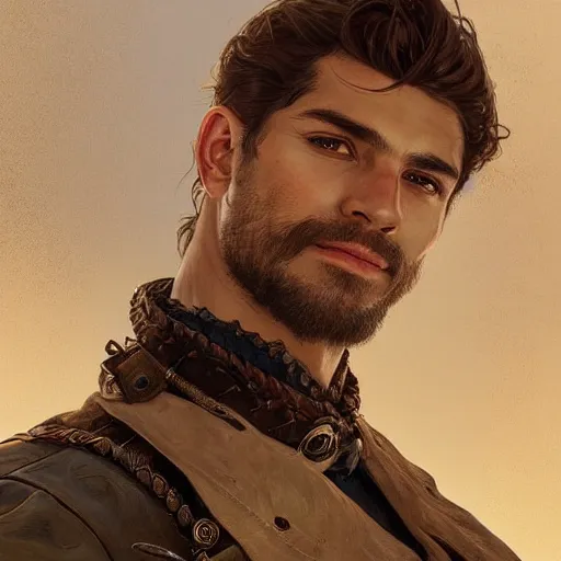 Image similar to portrait of a young, rugged ranger, handsome, muscular, half body, leather, smirk, fantasy, intricate, elegant, highly detailed, digital painting, artstation, concept art, smooth, sharp focus, illustration, art by artgerm and greg rutkowski and alphonse mucha